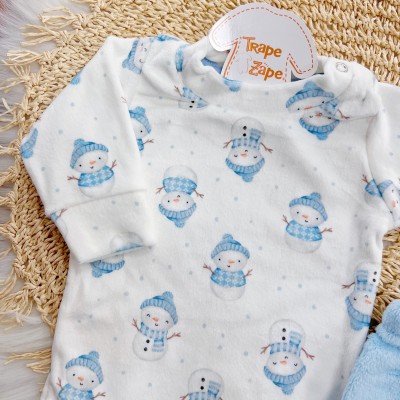 Conj. Body Manga Longa de Plush e Calça Peluciada Boneco de Neve - Azul Bebê